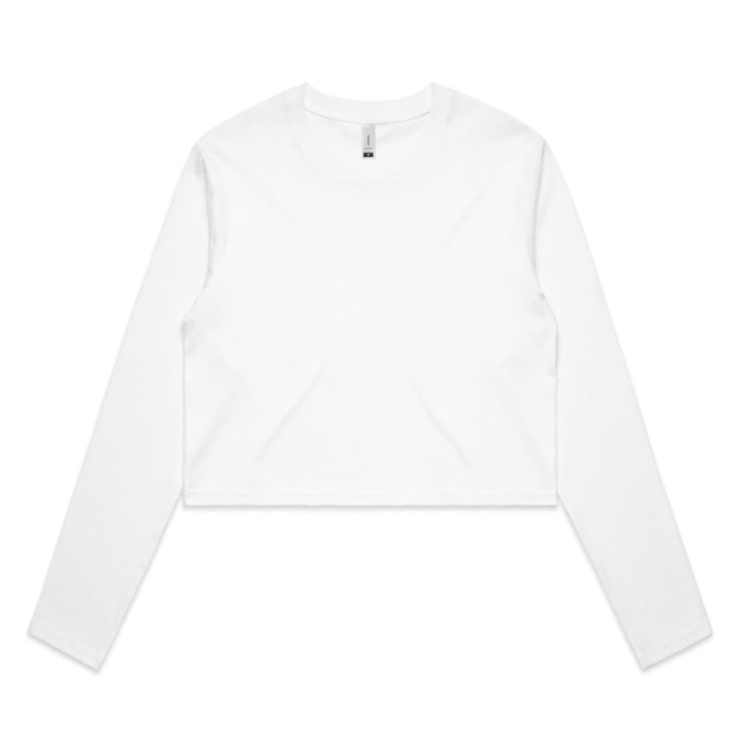 A white long-sleeve cropped tee with a minimalist design and a logo present.