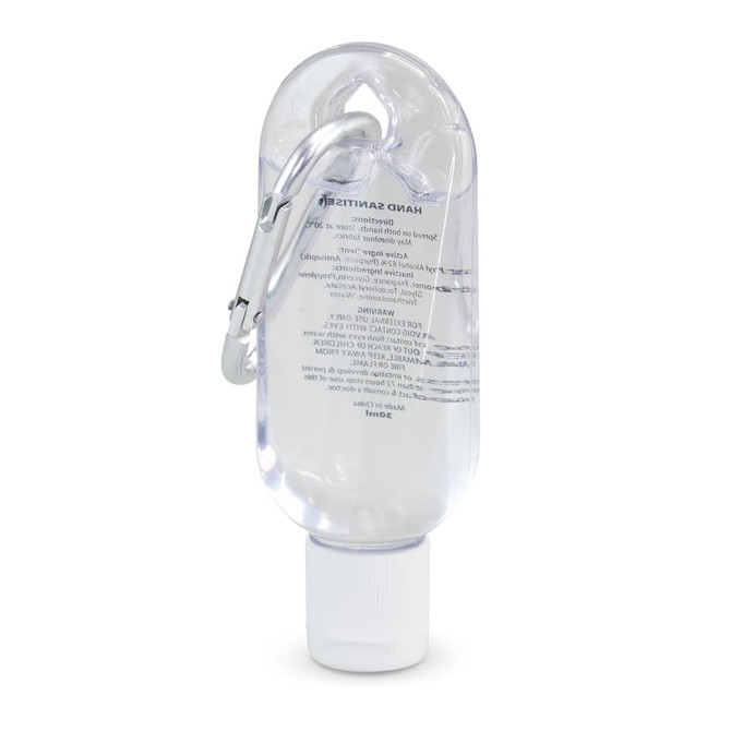 A clear hand sanitiser bottle with a white cap and a carabiner attached, containing 30ml of liquid.
