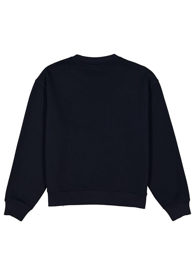A navy women's crew sweatshirt with long sleeves and a ribbed hem. It features a simple design with no visible logos.
