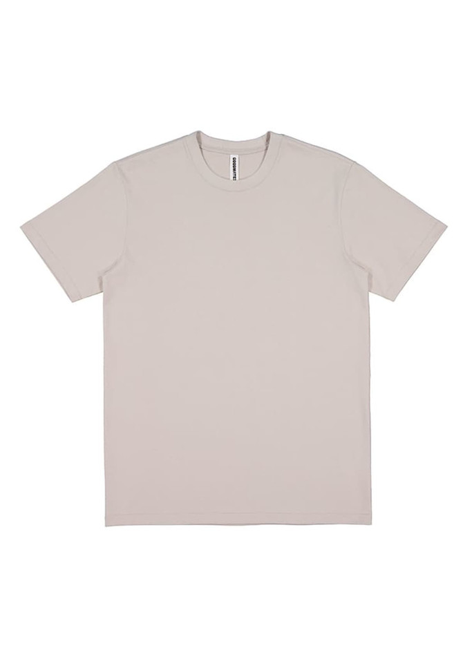 A light beige men's short sleeve t-shirt with a simple design and a logo on the front.