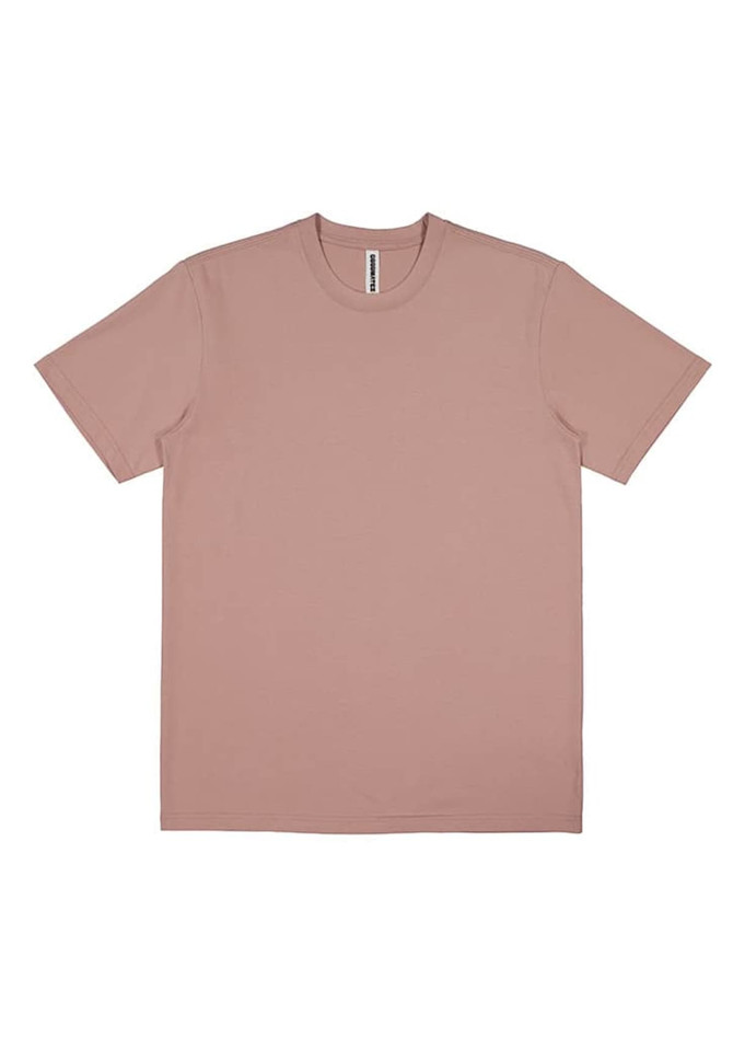 A short sleeve tee in a dusty pink shade, featuring a simple design and a brand logo.