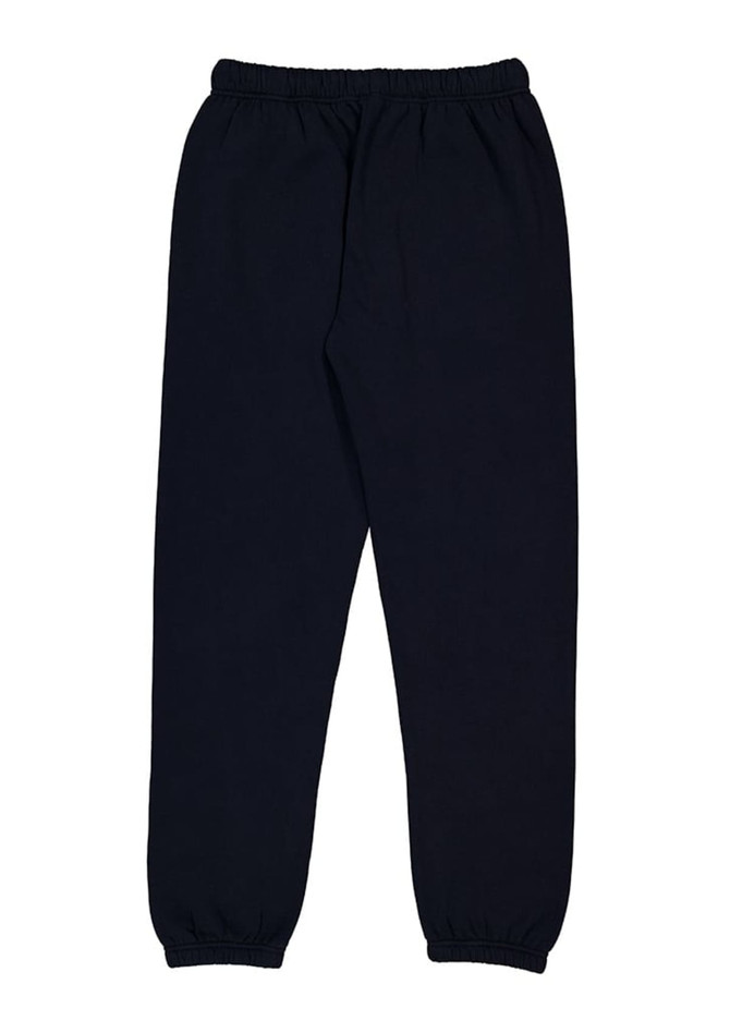A pair of women's track pants in navy blue with an elastic waistband and cuffs at the ankles.