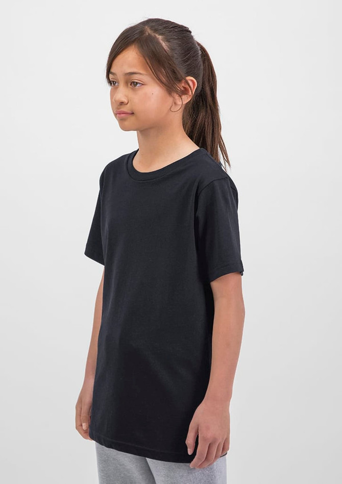 A black short sleeve tee shirt on a young girl, set against a plain background. The tee has a logo.
