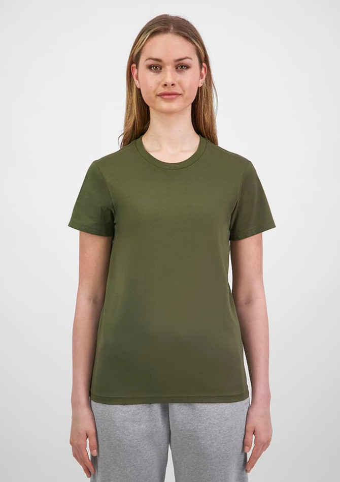 A short-sleeve women's tee in olive green, featuring a crew neck and a fitted silhouette.