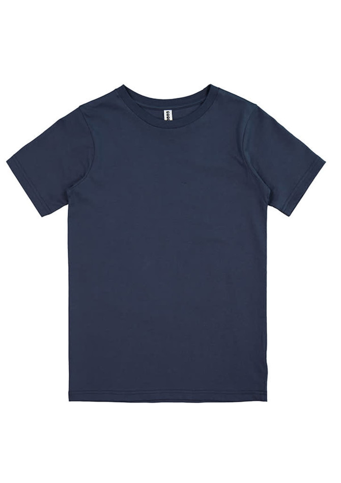 A navy blue kids' short sleeve tee with a round neck and a tag label inside. Features a plain design with no graphics.