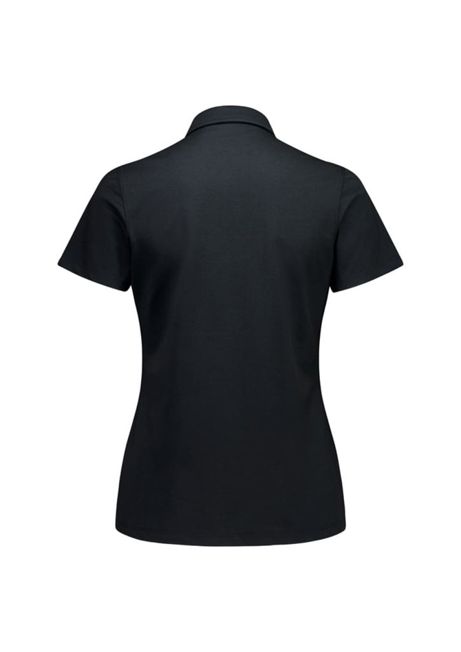 A black women's short sleeve polo shirt with a classic collar and a logo on the back.