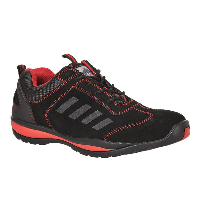 A pair of black and red safety shoes featuring a suede finish and reflective detailing. The shoes have a logo on them.