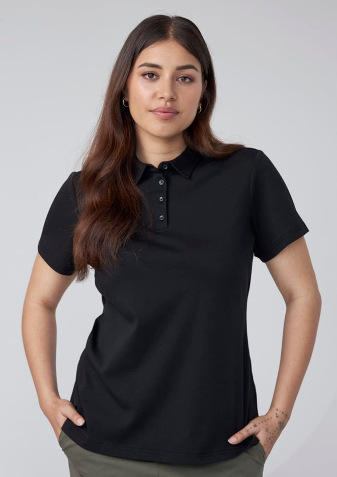 A black short sleeve polo shirt for women, featuring a classic collar and button placket, styled with a fitted silhouette.