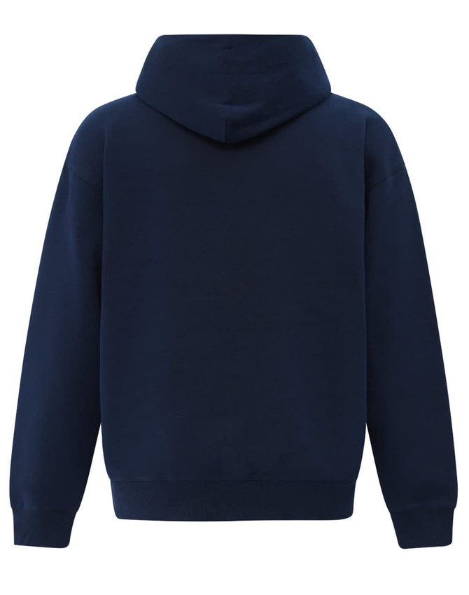 A navy oversized hoodie with a kangaroo pocket and a hood, featuring a plain back design and elastic cuffs.