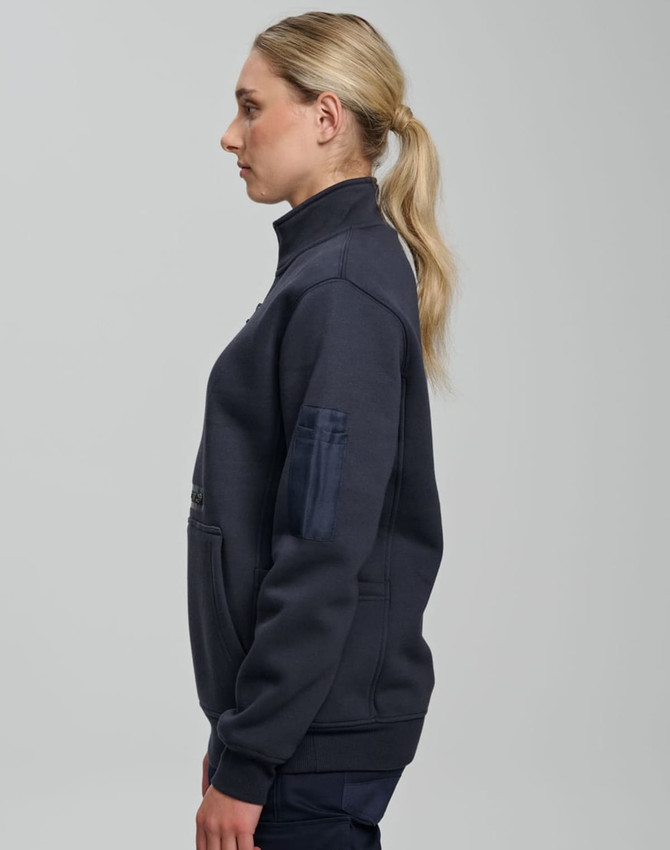 A unisex premium fleece half zip work sweatshirt in navy, featuring a logo and side pockets.