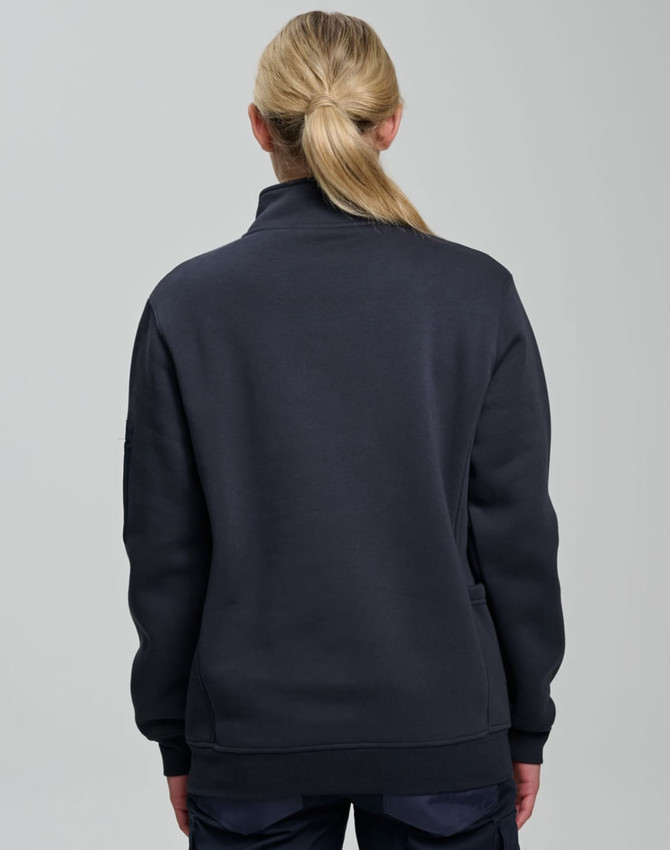 A unisex premium fleece half zip work sweat in navy blue, featuring a simple design and a logo on the back.