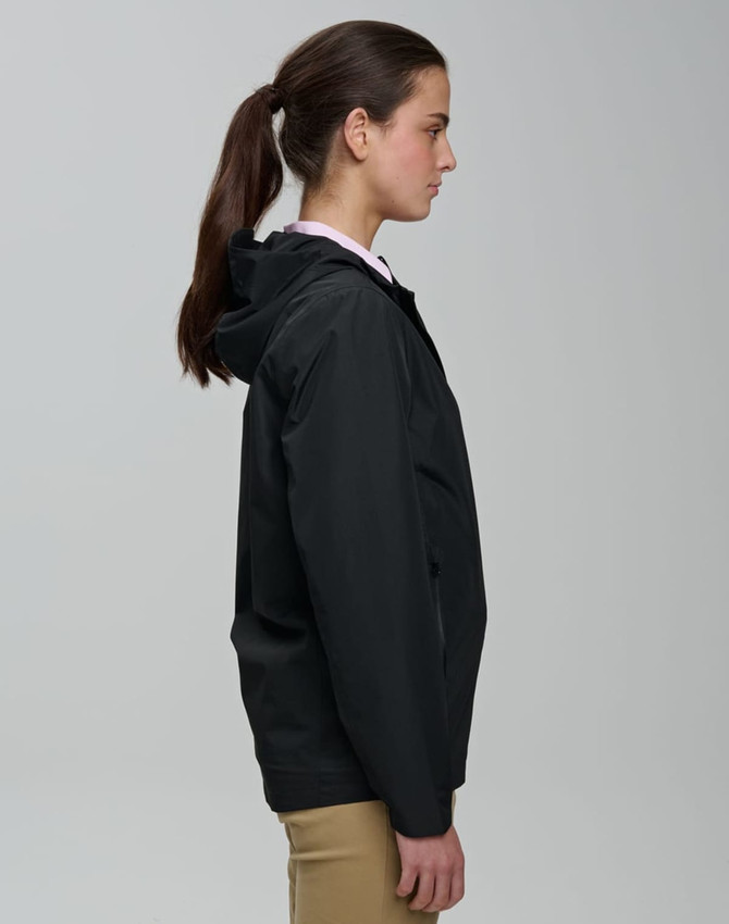 A unisex waterproof jacket in black, featuring a hood and a sleek, modern design. It has a logo on the front.