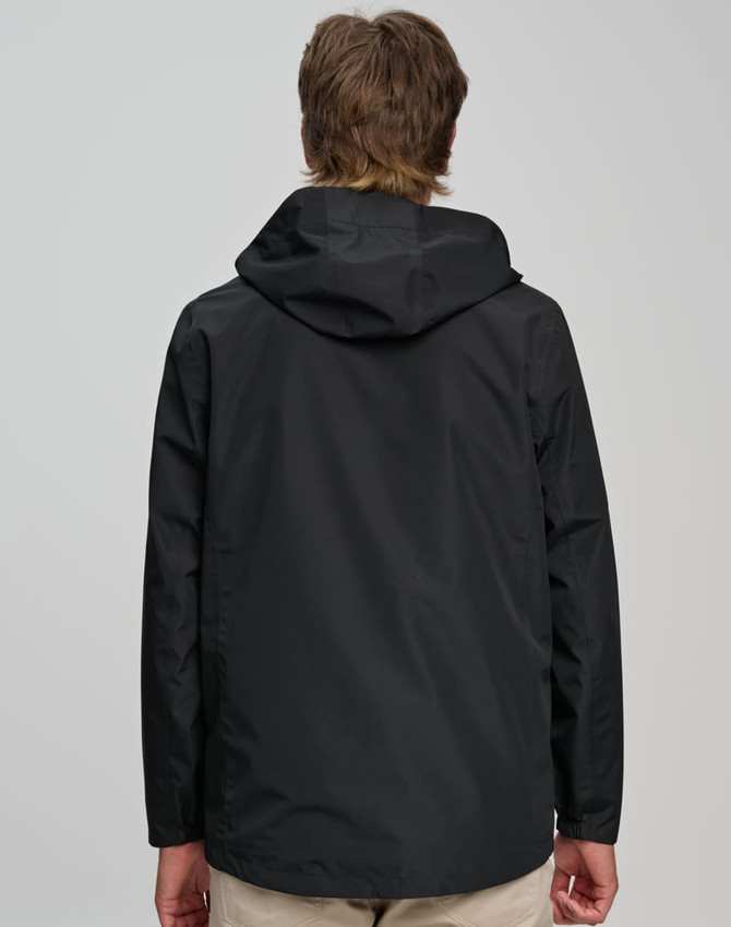 A unisex waterproof jacket in black, featuring a hood and back view design. Includes branding on the jacket.