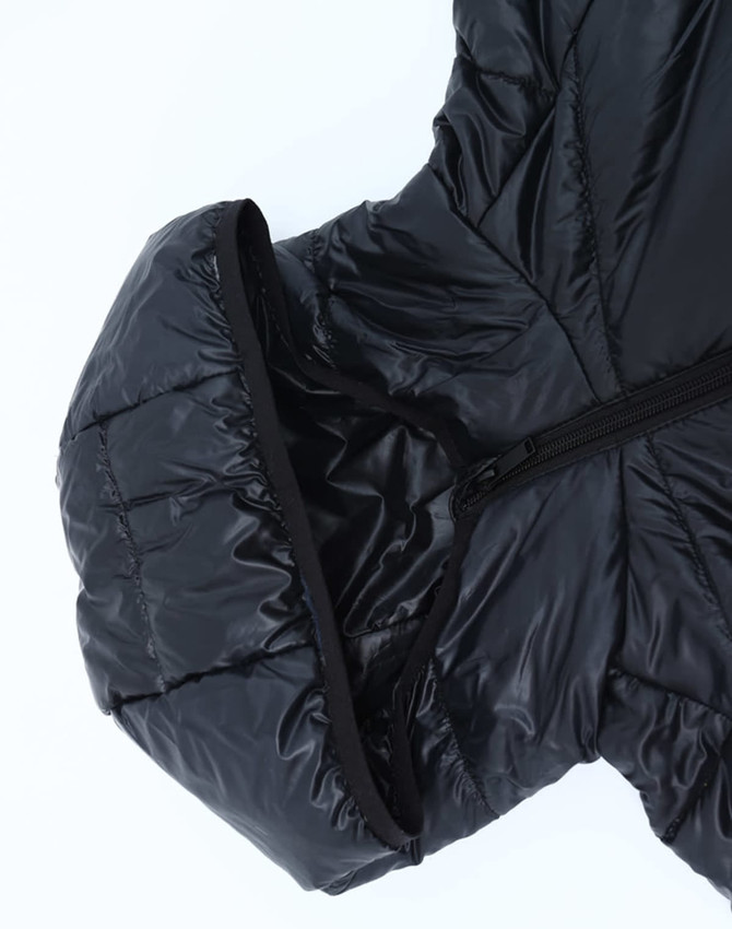 A black lightweight hooded puffer jacket with a zipper and a structured hood. The material appears smooth and glossy.