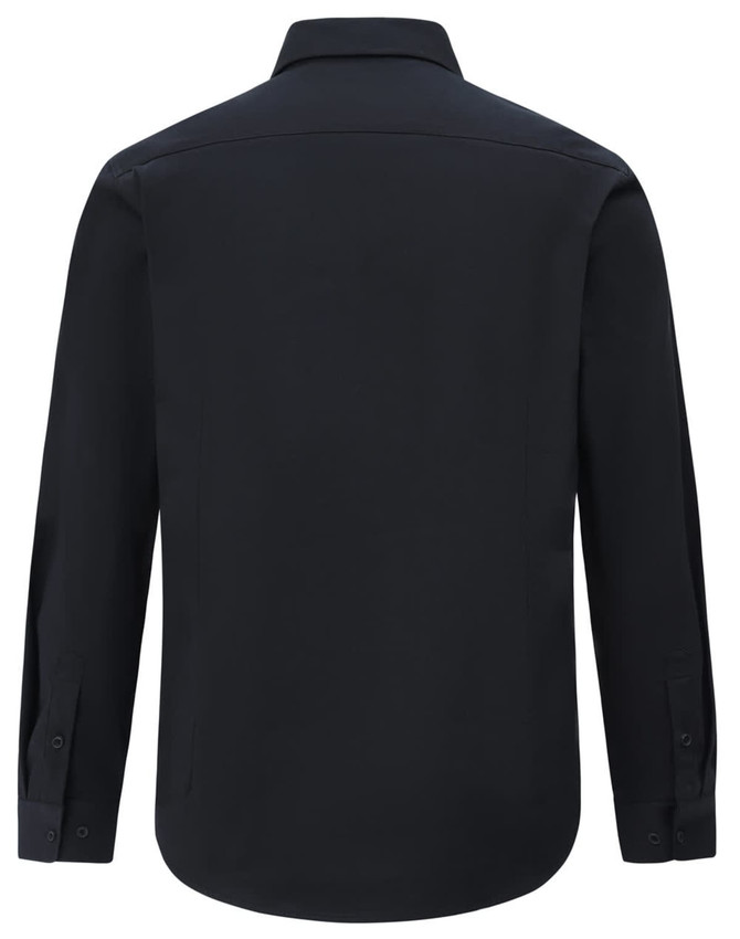 A black long-sleeve shirt with a collar and buttoned cuffs, featuring a branding logo.