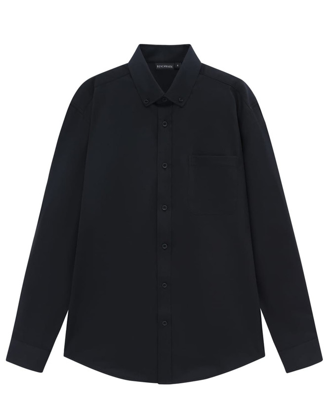 A black long-sleeve shirt with a button-up collar and a chest pocket, featuring a logo.