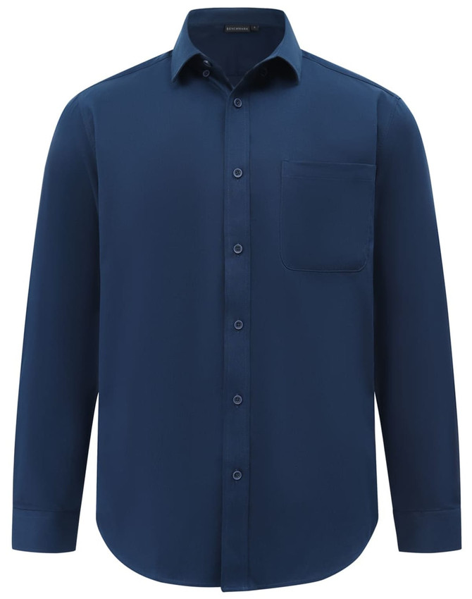 A navy blue long-sleeve shirt with a button-up front and a single chest pocket. It features a subtle logo.