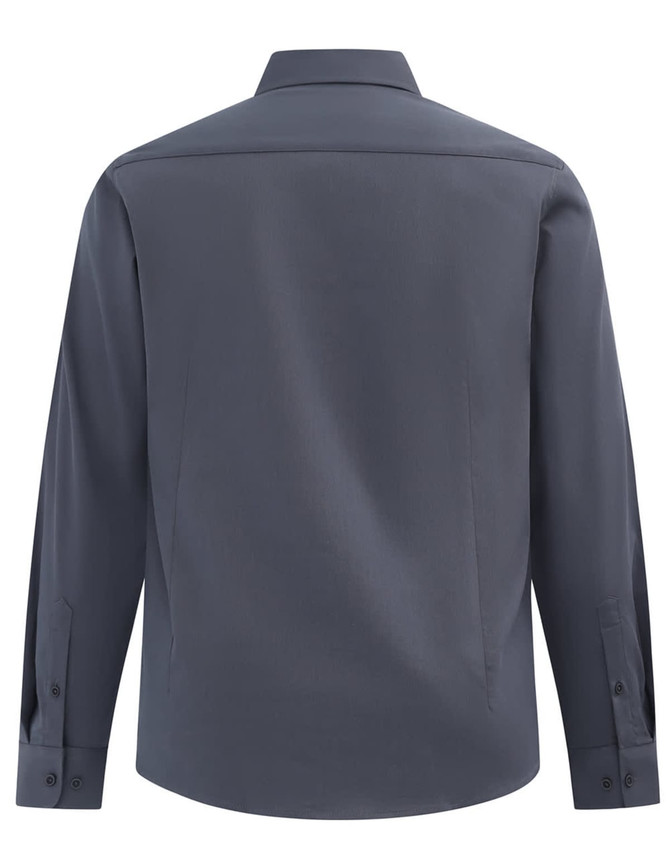 A long-sleeve, smart casual shirt in grey cotton blend, featuring a collared neck and buttoned cuffs.