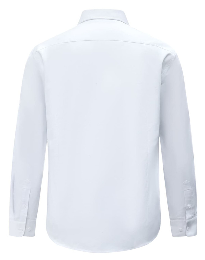A white long-sleeve shirt with a collar and buttoned cuffs, featuring a logo on the back.