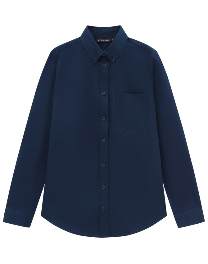 A navy long-sleeve shirt made from a cotton blend, featuring a button-down collar and a chest pocket.