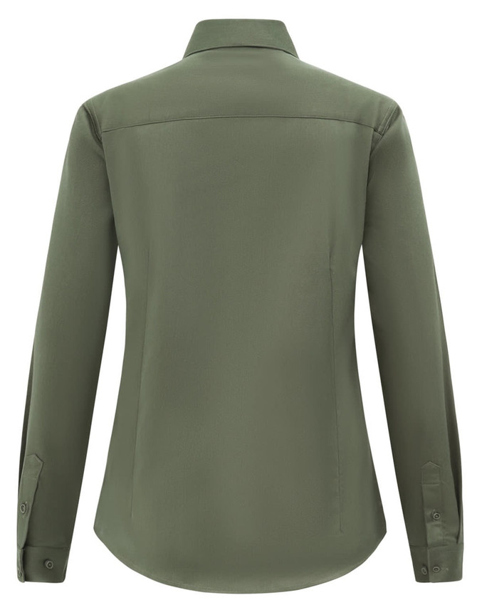 An olive green ladies' long-sleeve shirt with a collar and buttoned cuffs, featuring a back view and logo branding.