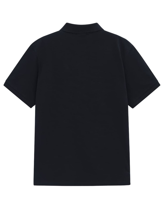 A navy blue men's classic cotton/poly pique short sleeve polo shirt featuring a collar and a logo.