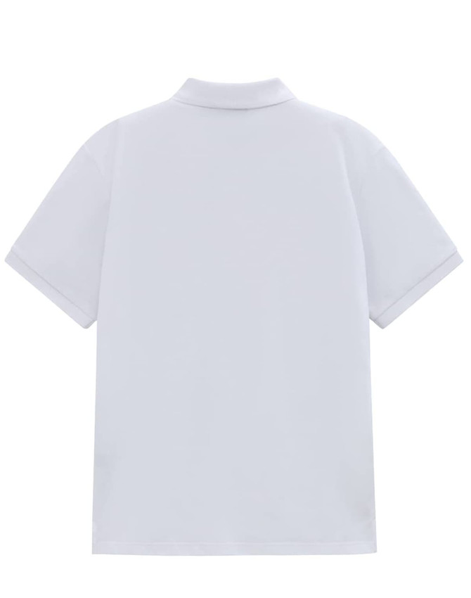 A plain white Men's Classic Cotton/Poly Pique short-sleeve polo shirt with a collar and a back logo.