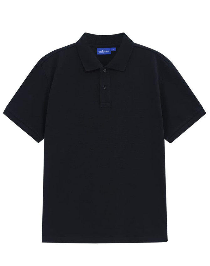 A navy blue men's classic cotton/poly pique short-sleeve polo with a collar and a logo.