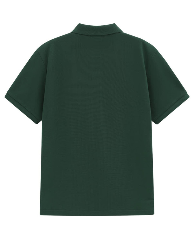 A dark green men's classic cotton/poly pique short-sleeve polo shirt with a collar and no visible branding.