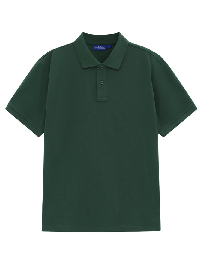 A green short-sleeve cotton/poly pique polo shirt with a collar and a logo.