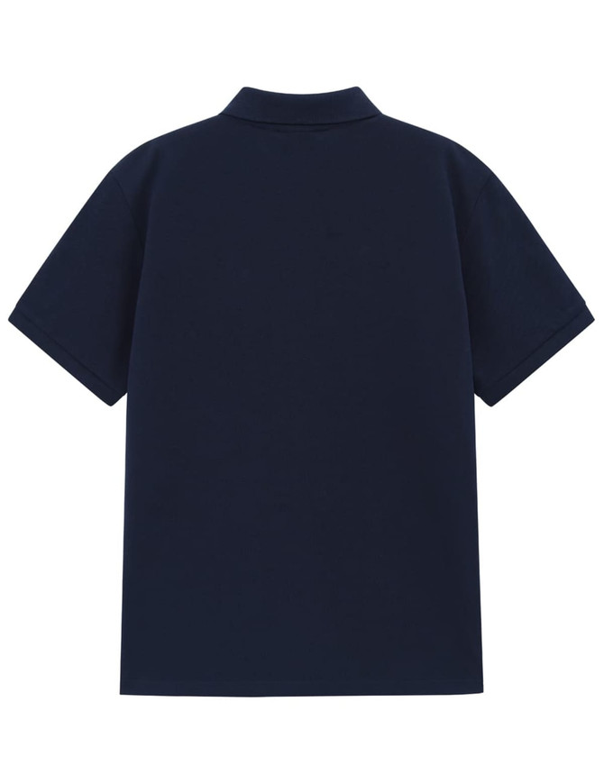A navy blue men's classic cotton/poly pique short sleeve polo featuring a collared design and a branding logo.
