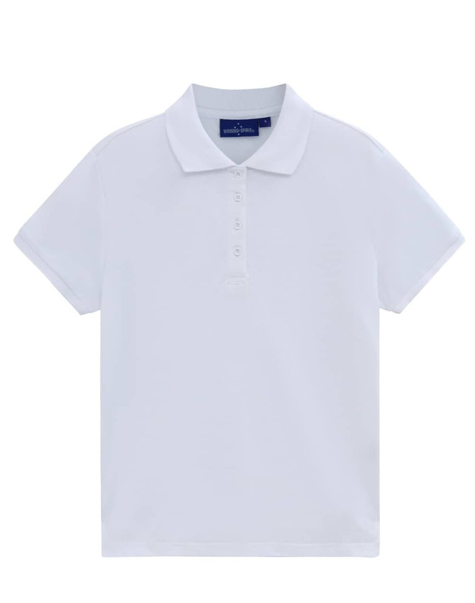 A white ladies' classic cotton/poly pique short sleeve polo with a collar and buttons, featuring a logo.