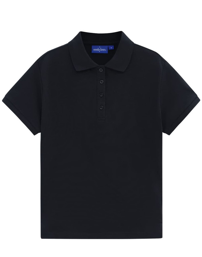 A navy polo shirt with a classic collar and short sleeves, featuring a button placket and a logo.
