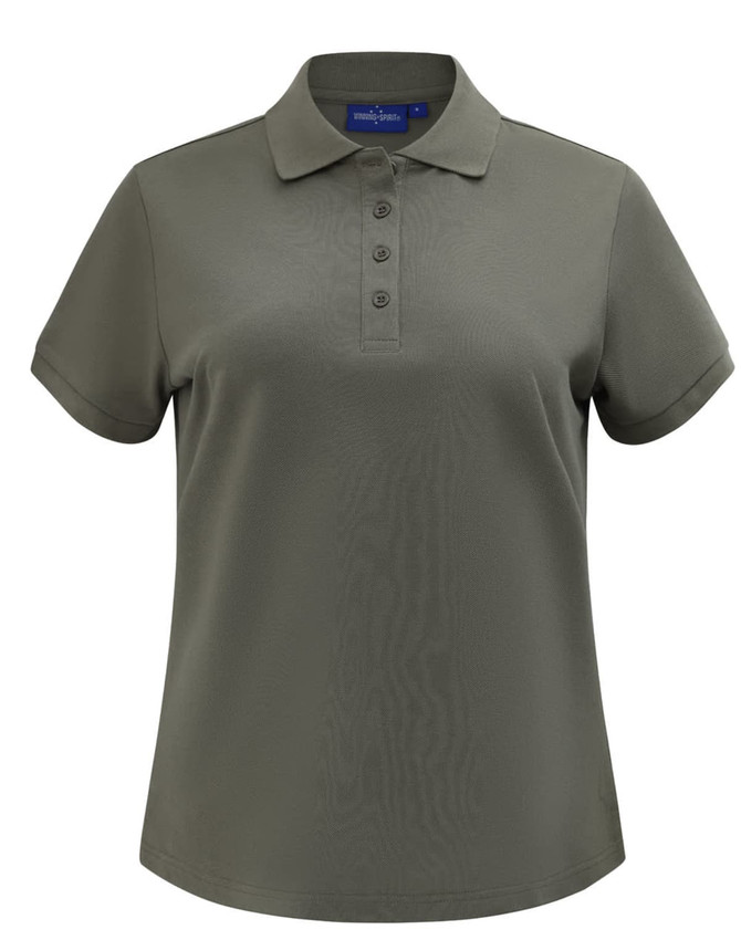 A ladies' short-sleeve polo in olive green with a collar and a button placket. It features a logo on the chest.
