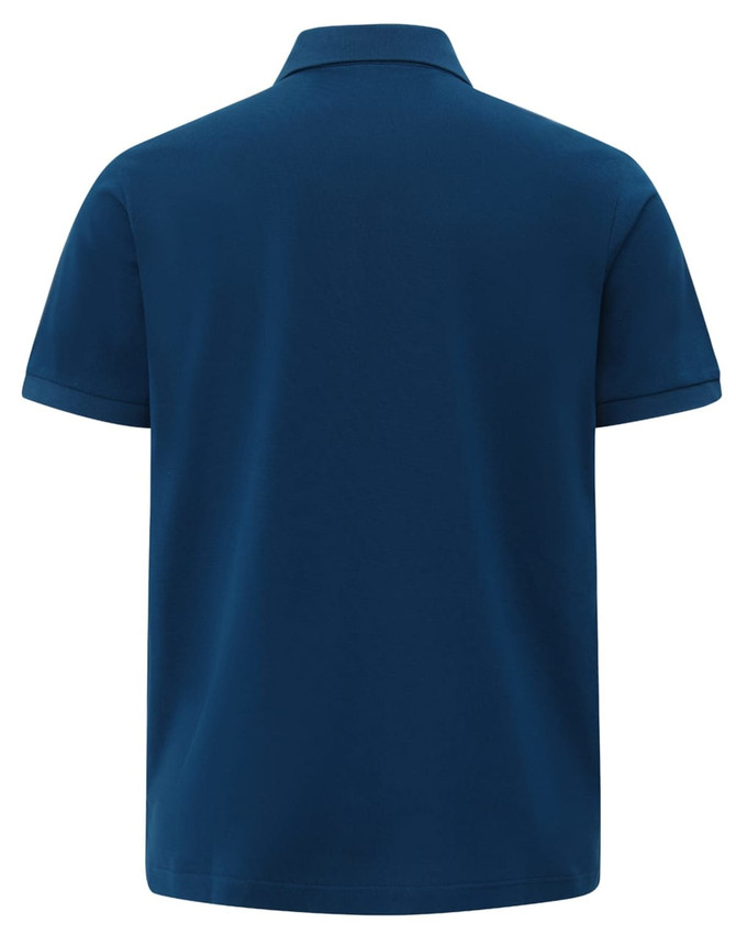 A men's ultrafine cotton pique polo in navy blue, featuring a simple design with a logo.