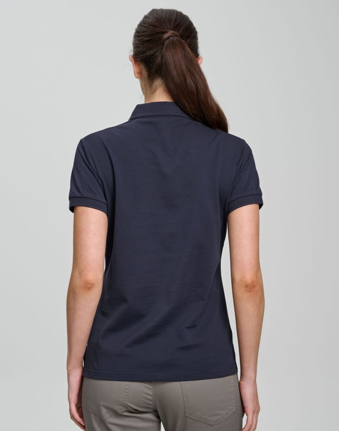 A navy ladies polo shirt made of ultrafine cotton pique, featuring a collar and short sleeves, with a logo.