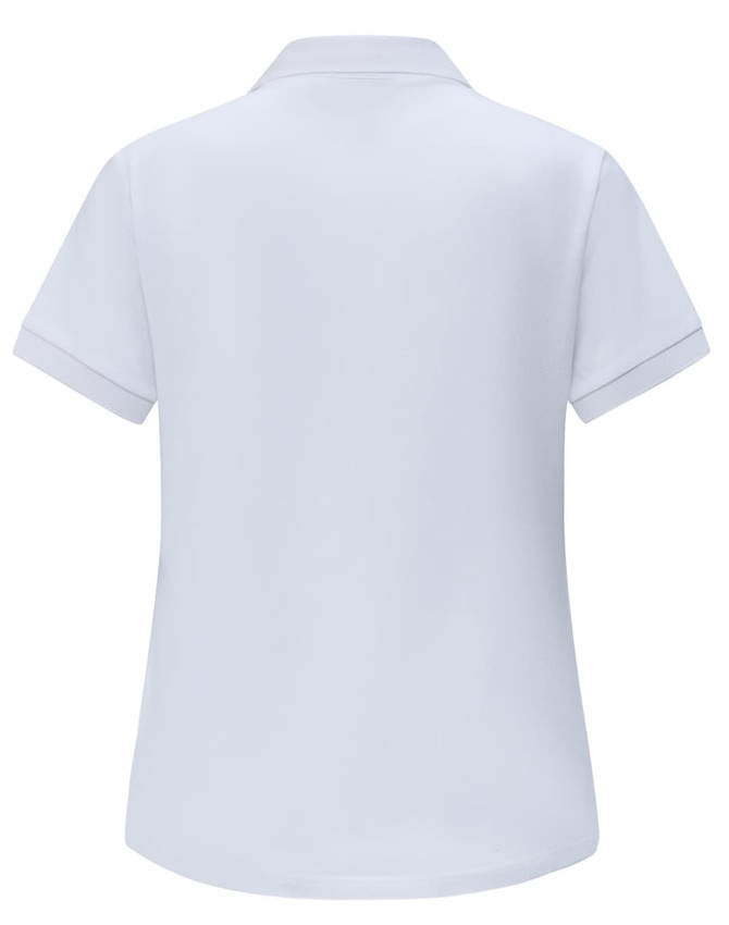 A white ladies ultrafine cotton pique polo shirt with short sleeves and a collar. Features a branding logo.