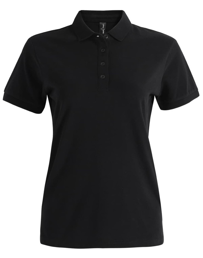 A black ladies' polo shirt made of ultrafine cotton pique, featuring a collared neckline and buttons, with a logo.