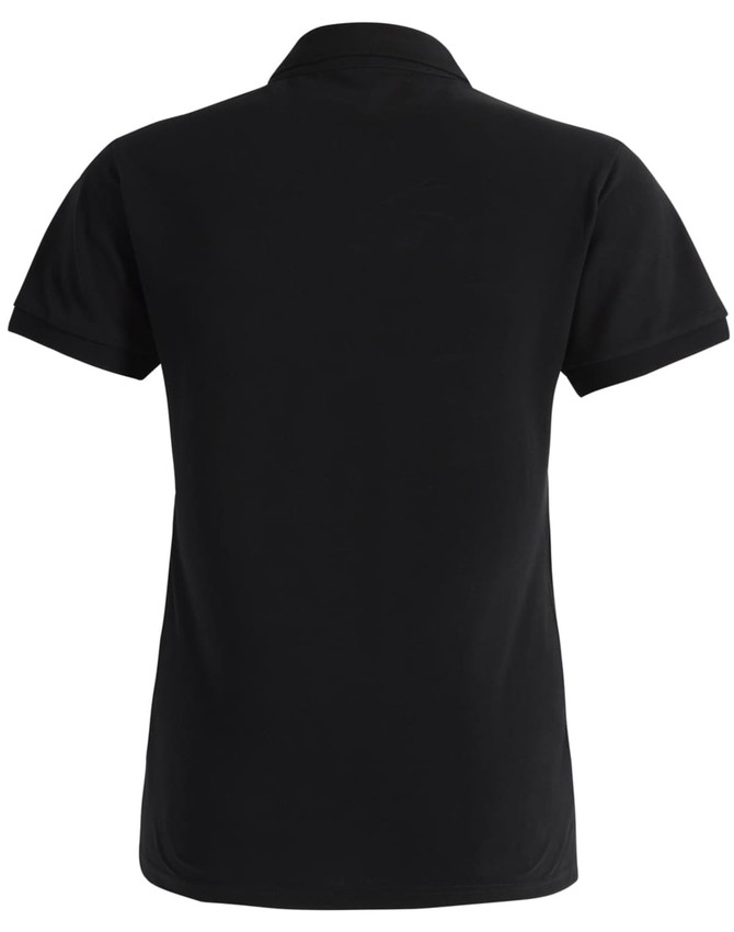 A black ladies ultrafine cotton pique polo, featuring a classic cut and short sleeves. It has a logo on the back.