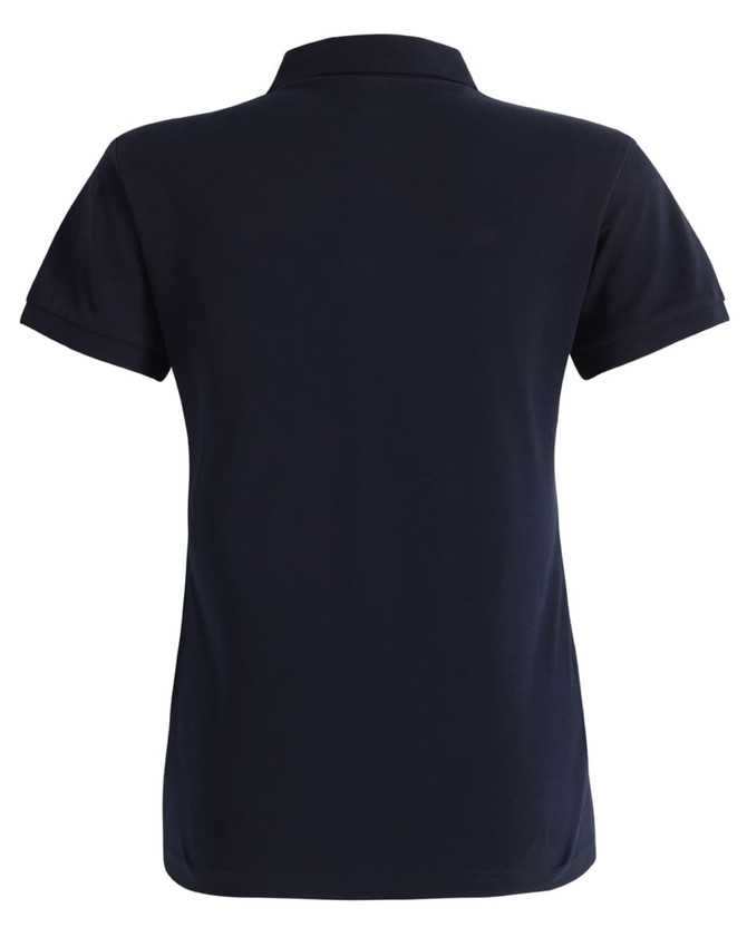 A navy ladies' ultrafine cotton pique polo featuring a collar and short sleeves, with a logo on the back.