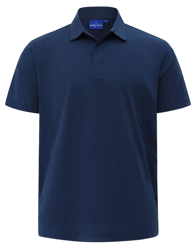 A navy blue polo shirt with a collar and short sleeves, featuring a small logo on the chest.