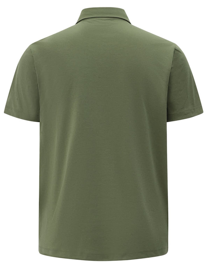 A green men's polo shirt featuring a collar and short sleeves, with a logo on the back.