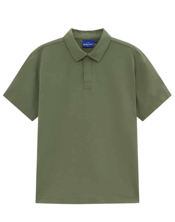 A green high-performance polo shirt with a collar and short sleeves, featuring a logo at the neckline.