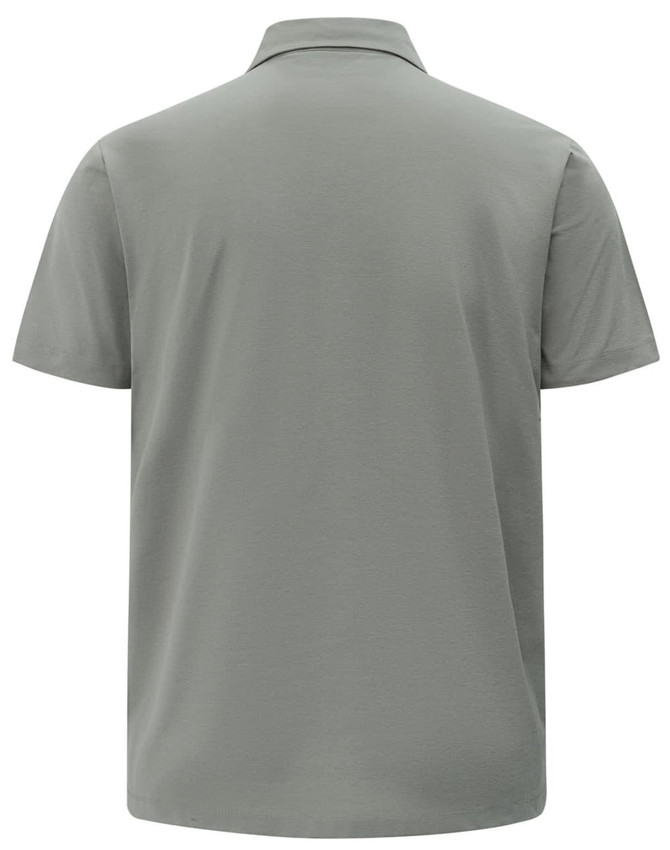 A grey men's polo shirt featuring a collar and short sleeves, displaying a simple design with a logo.