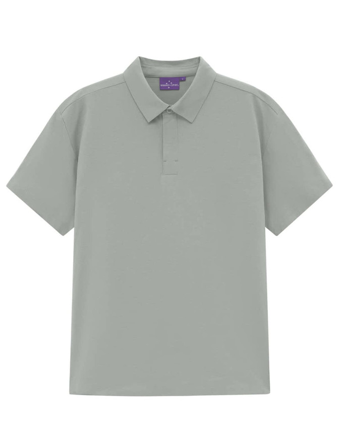 A light grey polo shirt with a collar and short sleeves, featuring a logo on the chest.
