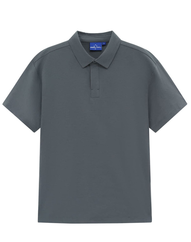 A men's short-sleeve polo in dark grey, featuring a collar and a logo on the chest.