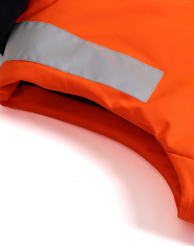 An orange unisex hi vis hooded puffer vest with a reflective silver stripe, featuring a sleek design.