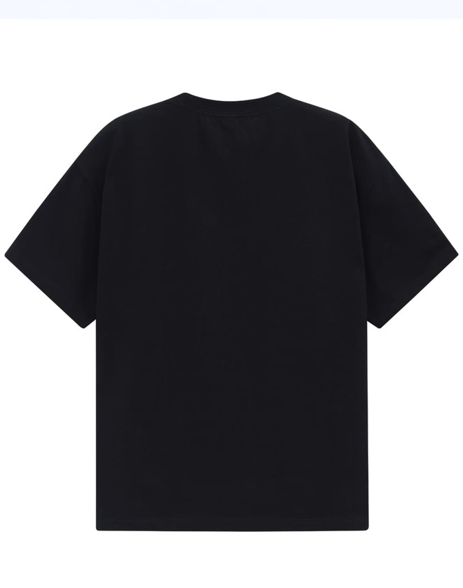 A black unisex heavy cotton oversized tee with short sleeves and a plain back. Features a logo.
