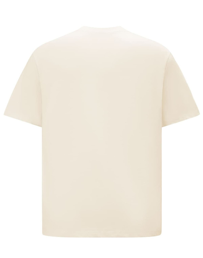 A unisex oversized tee in a cream colour with short sleeves and a plain back. It features a logo.