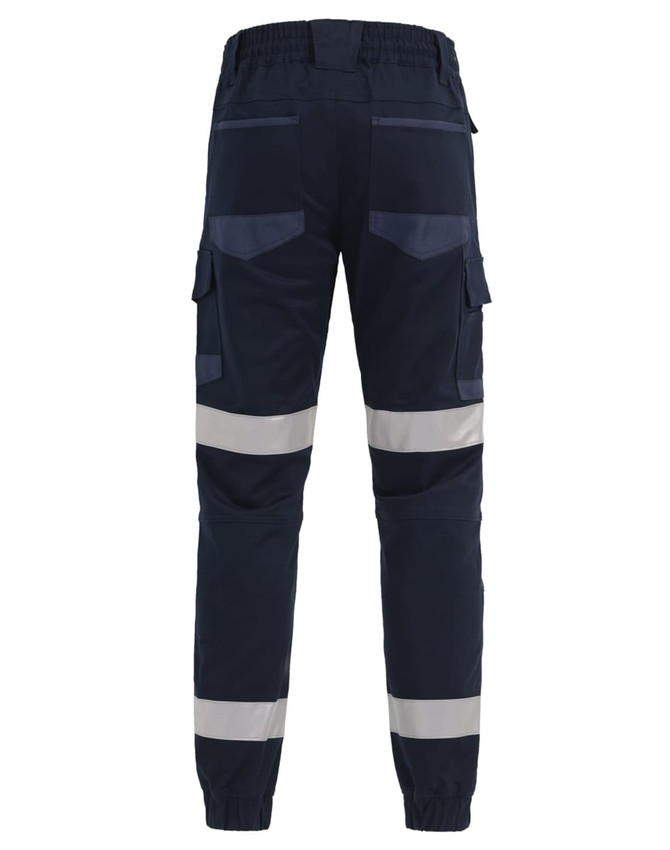 Cuffed work pants in navy with reflective tape and multiple pockets. Features an elastic waistband at the back.